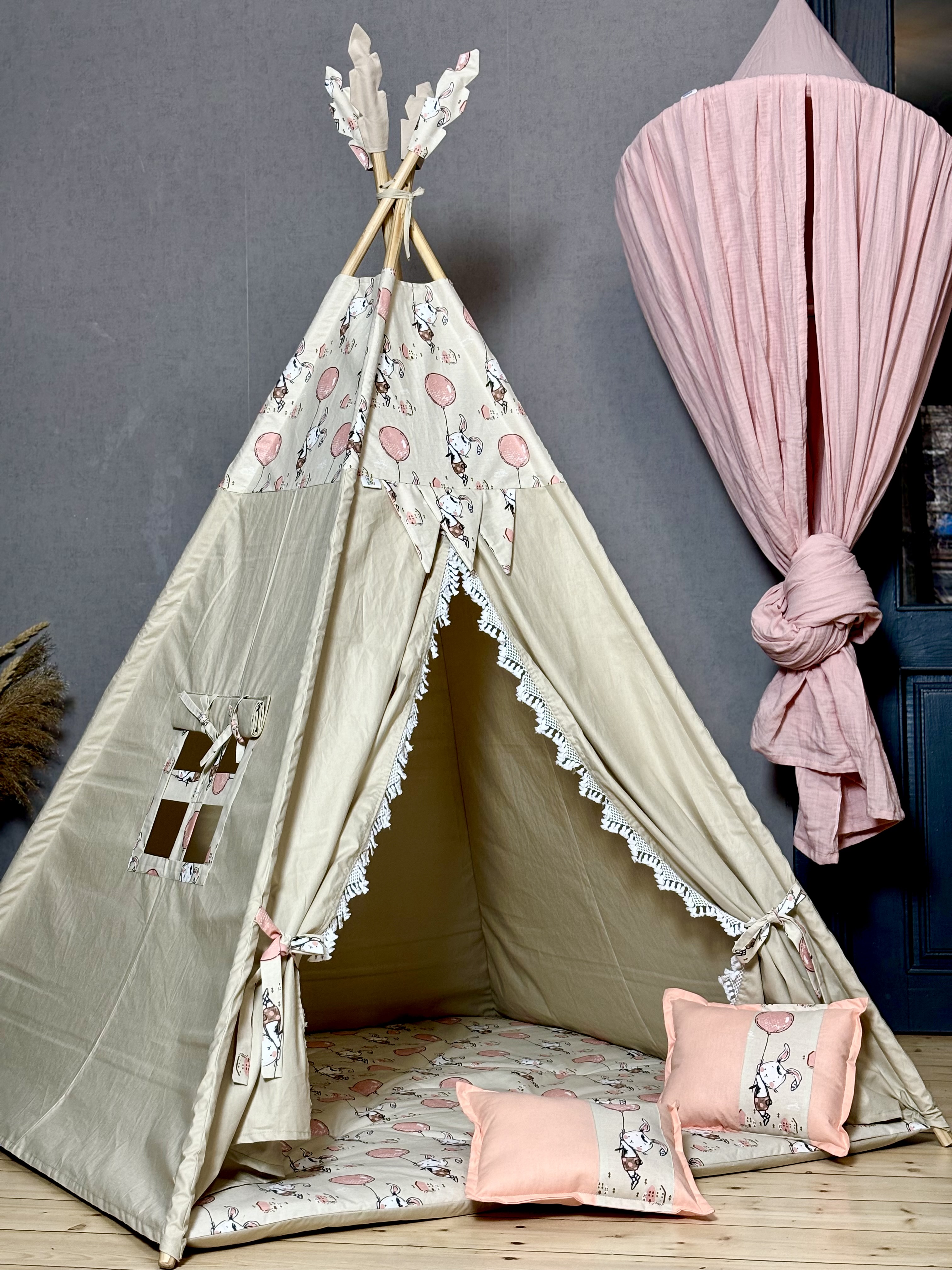 Children's tent beige, with lace and bunny print on the entrance